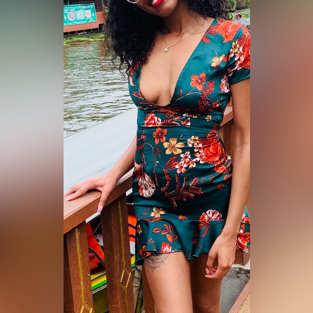 Dress with Green/Red Floral Design and tie up back